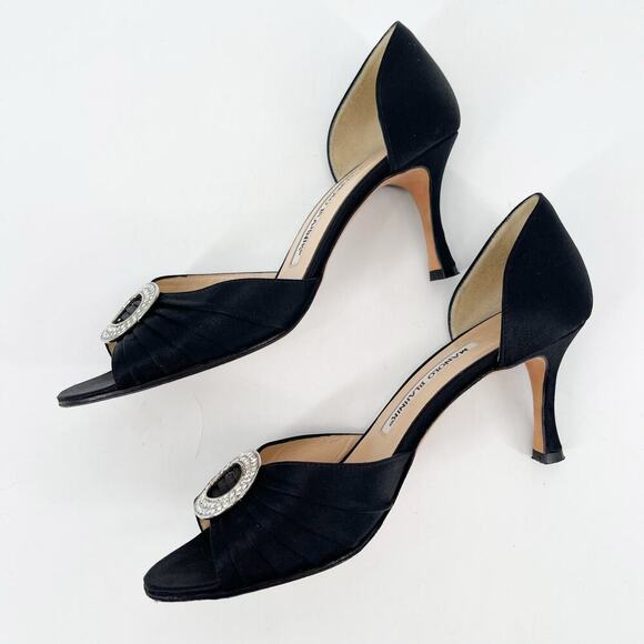Manolo Blahnik y2k Black Satin Sedaraby Crystal D’Orsay Peep Toe Heels IT 37 - Picture 4 of 10